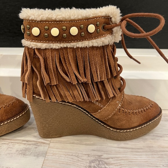 Sam Edelman Kemper Brown Suede Fringe Wedge Platform Ankle Boots - Picture 2 of 9